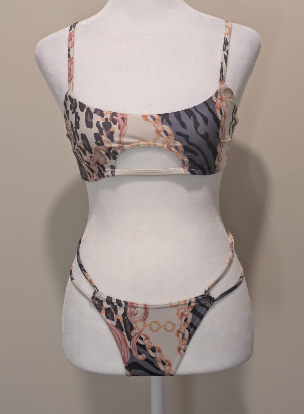 Icon Swim Cut Out Chain/ Animal Print Bikini Set - Orange & Gray